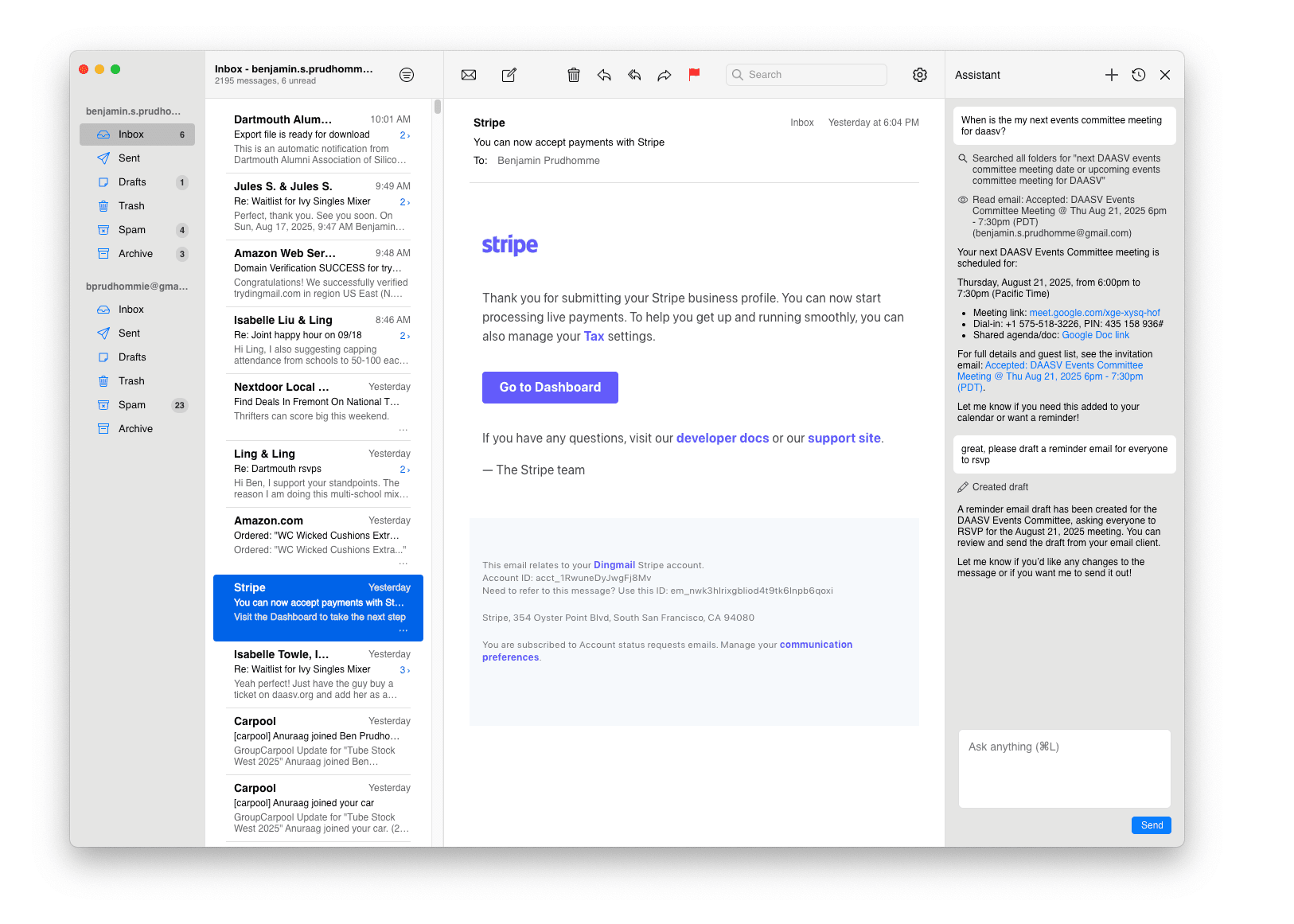 Dingmail application screenshot showing the email interface with AI chat